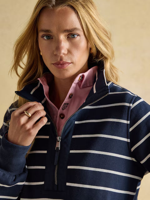 Joules Bronte Navy Stripe Funnel Neck Quarter Zip Cotton Sweatshirt
