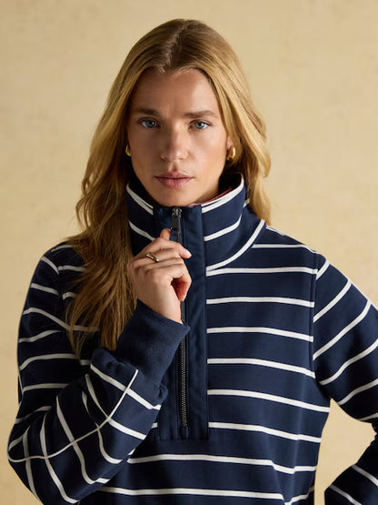 Joules Bronte Navy Stripe Funnel Neck Quarter Zip Cotton Sweatshirt