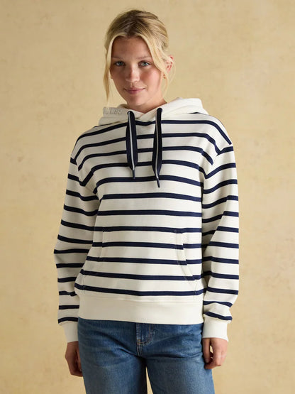 Joules Milbourne Cream & Navy Striped Hoodie. Women's relaxed fit cotton blend hooded sweatshirt with kangaroo pocket from Equiflair.