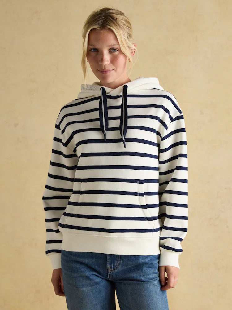 Joules Milbourne Cream & Navy Striped Hoodie. Women's relaxed fit cotton blend hooded sweatshirt with kangaroo pocket from Equiflair.