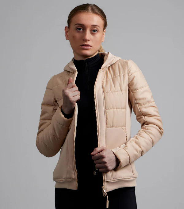 Premier Equine Agata Ladies Riding Jacket in Champagne. Quilted Equestrian Jacket with Hood for Women.
