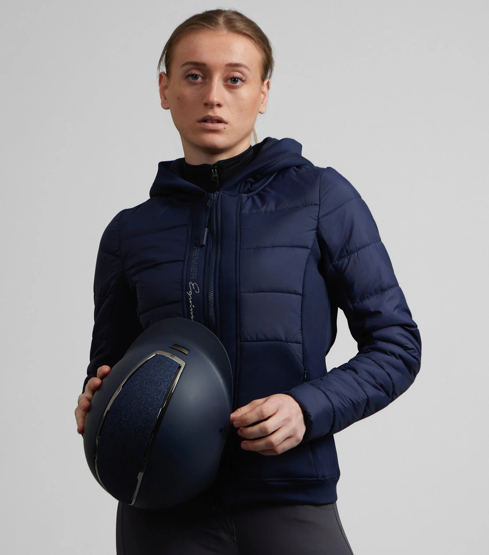 Premier Equine Agata Navy Riding Jacket: Hooded Equestrian Quilted Jacket for Women
