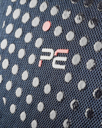 Premier Equine Anti-Slip Dressage Square - Navy. Close-up of fabric with logo, anti-slip dots, and Airtechnology detail.