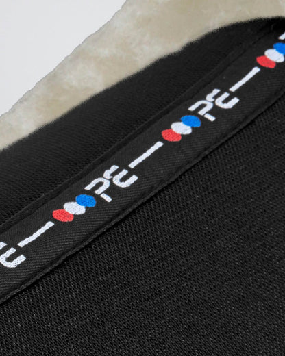 Premier Equine Shockproof Wool Saddle Pad - Black Half Pad with Airtechnology, white PE logo with red/white/blue accents.