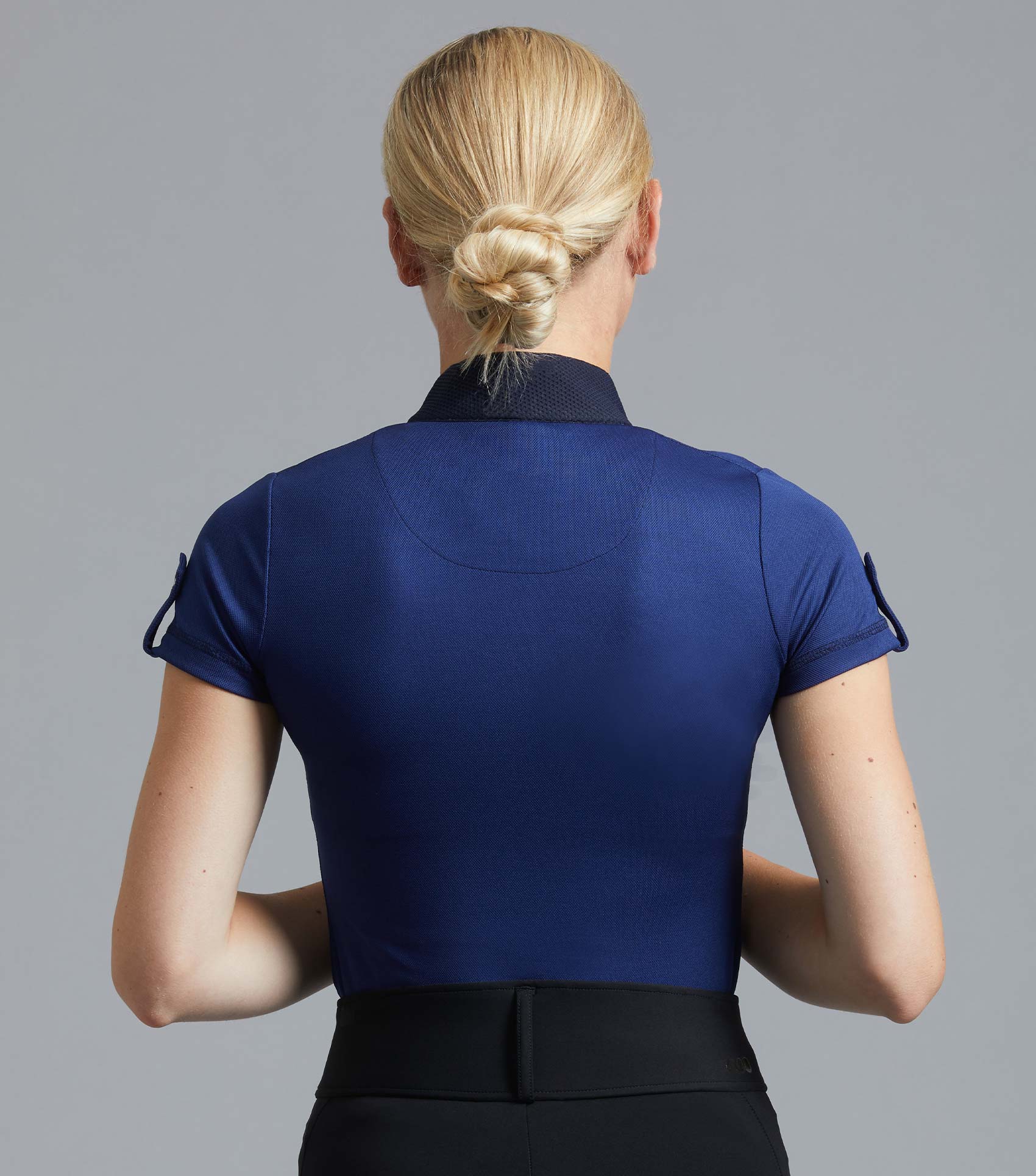 Premier Equine ladies short sleeve navy riding top. Technical equestrian apparel for women.