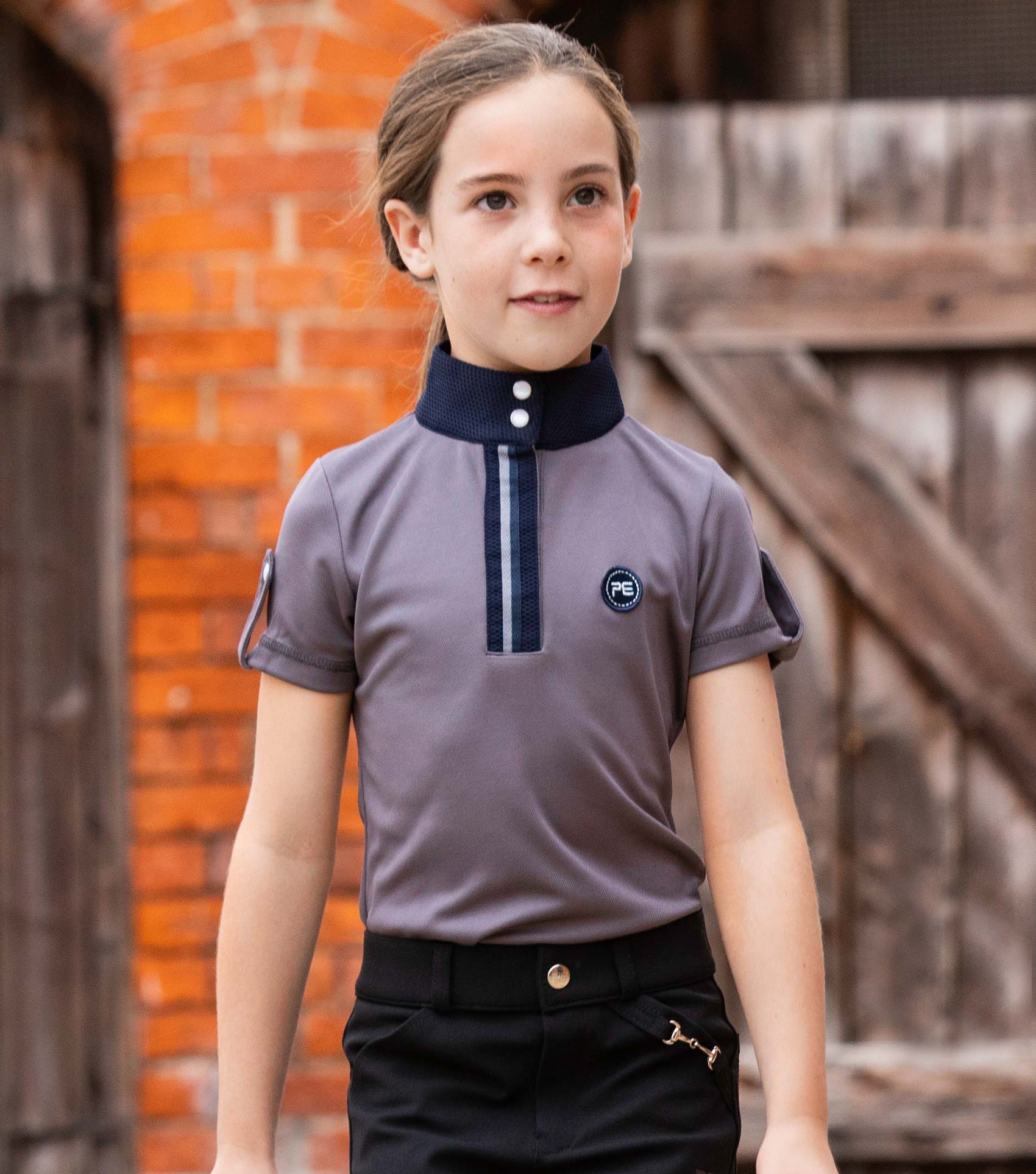 Premier Equine Mini Amia Girl's Riding Top: Technical Grey Short Sleeve Equestrian Apparel for Comfort & Performance