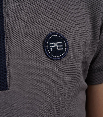 Premier Equine polo shirt, grey technical riding top for girls with logo. Performance apparel for equestrian activities.
