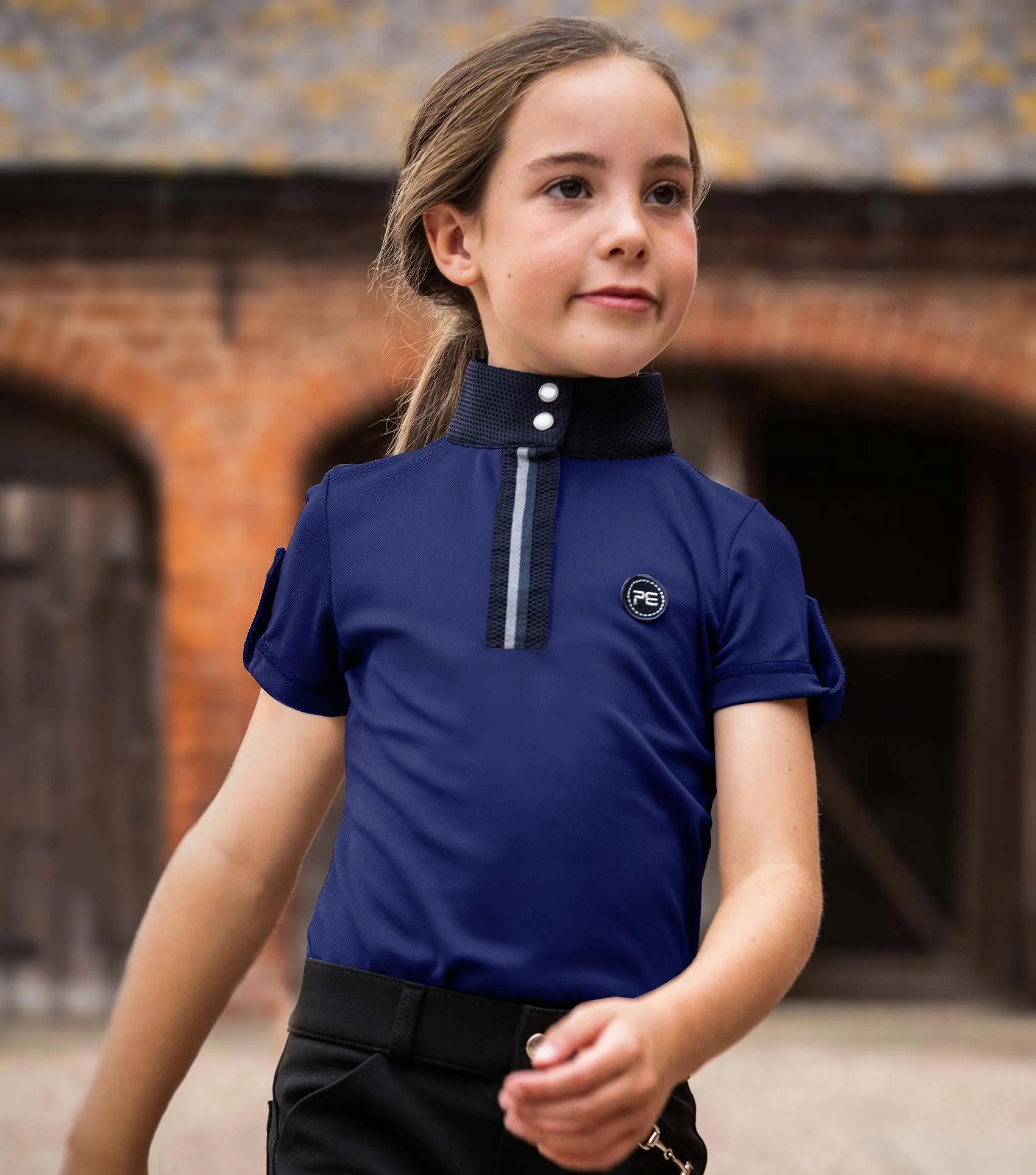 Premier Equine Mini Amia Girl's Riding Top - Navy Short Sleeve Equestrian Shirt