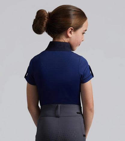 Girl in PREMIER EQUINE Mini Amia Navy Riding Top - Short Sleeve, Technical Equestrian Shirt for Kids