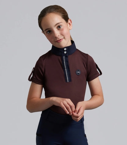 Premier Equine Mini Amia Girl's Riding Top in Wine. Equestrian apparel, technical short sleeve shirt.
