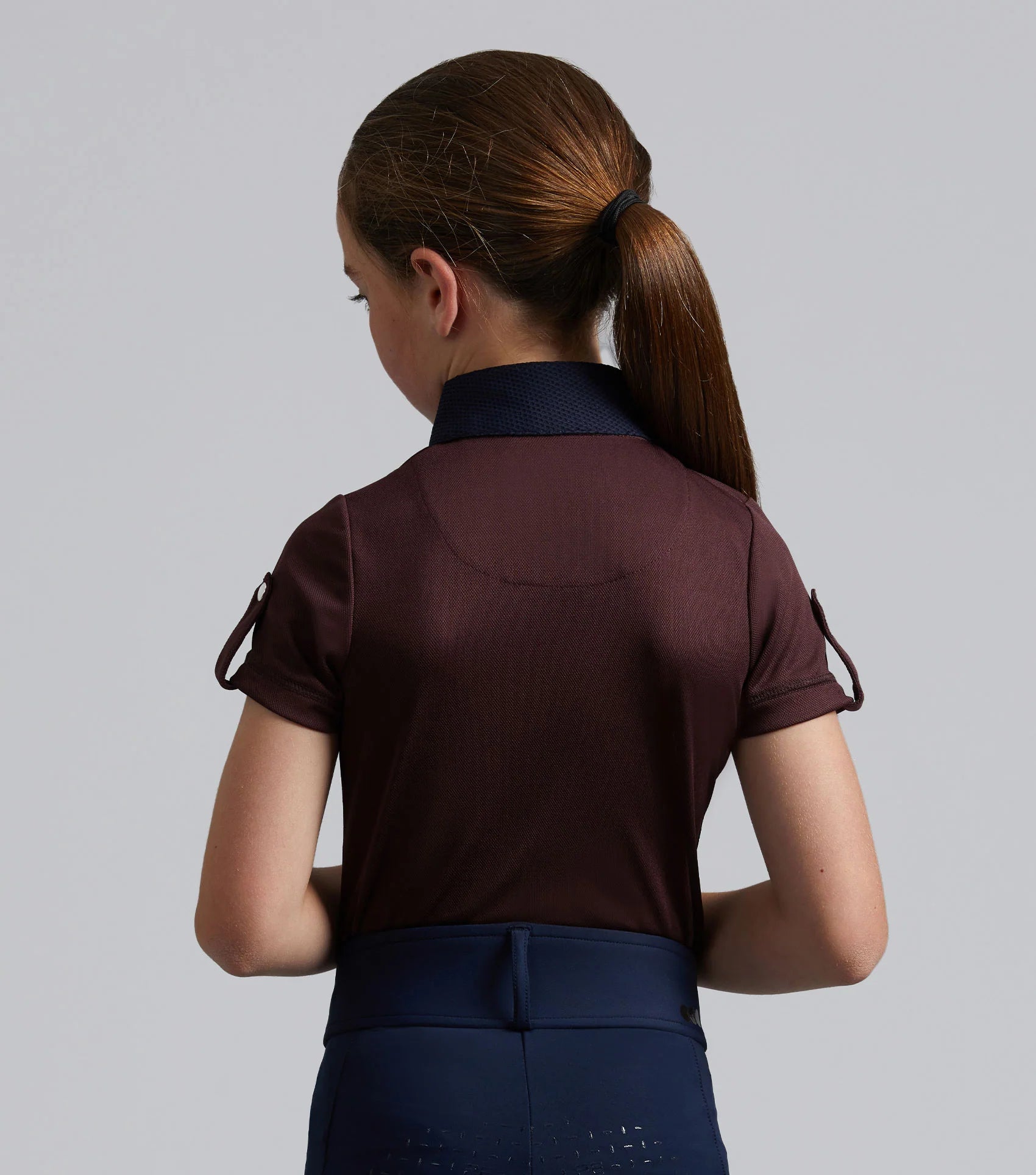 Premier Equine Mini Amia Girl's Wine Riding Top. Technical short sleeve equestrian shirt for kids.