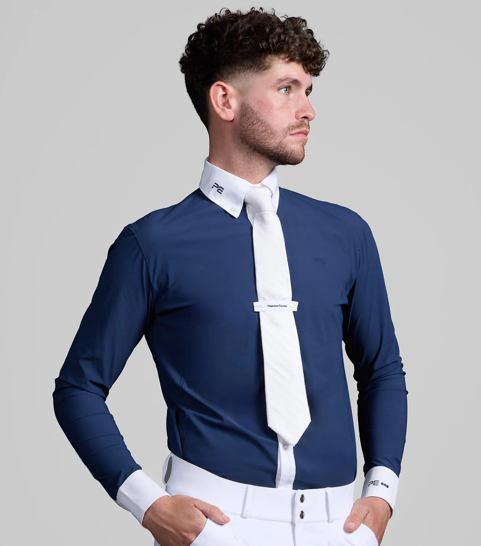 Premier Equine Andate Navy Men's Equestrian Show Shirt, Long Sleeve, White Collar & Tie