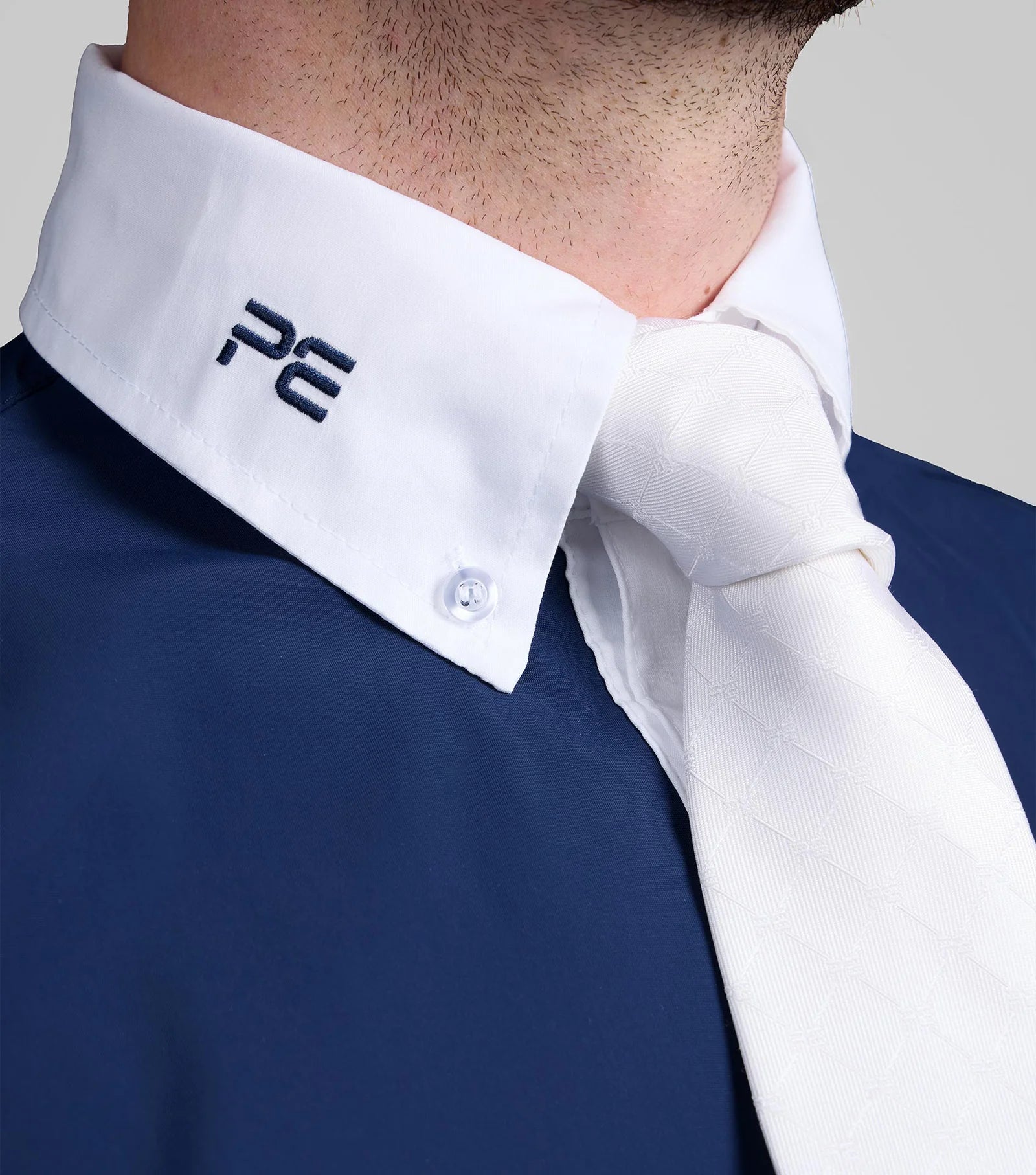 Premier Equine Andate Men's Navy Show Shirt: Long Sleeve Competition Shirt with Tie, White Collar & Button Detail - Equiflair