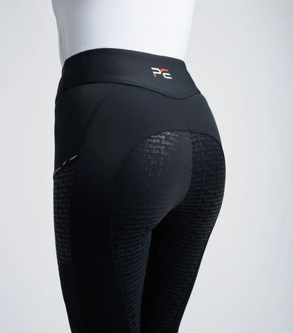 Premier Equine Aporia Black Riding Tights: High Waist, Silicone Full Seat, Phone Pockets. Equestrian Apparel.