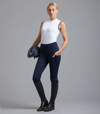 Premier Equine Aporia Equestrian Riding Tights Glenmore Navy. Women's riding leggings with silicone seat and phone pockets.