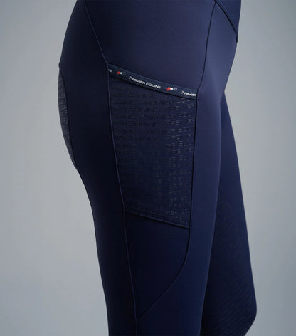 Premier Equine Aporia Navy Riding Tights: Ladies Equestrian Apparel with Phone Pockets & Silicone Gel Seat