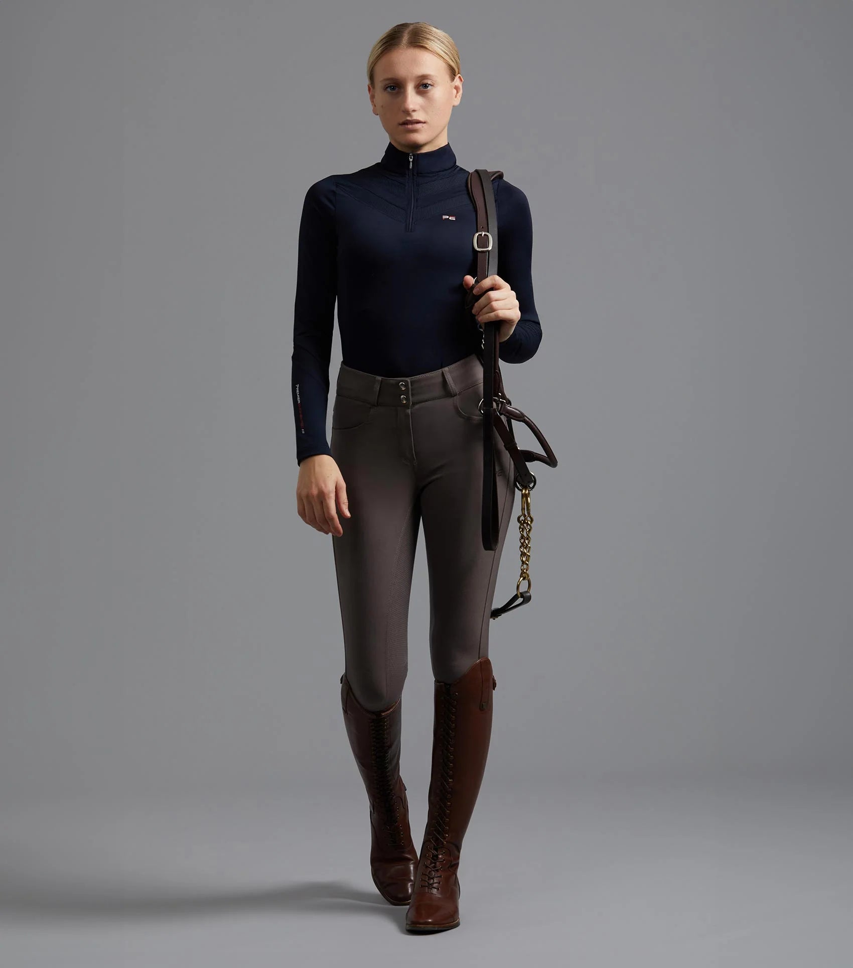 Premier Equine Arclos Navy Ladies Riding Top. Technical Long Sleeve Base Layer. Breathable, Moisture Wicking.