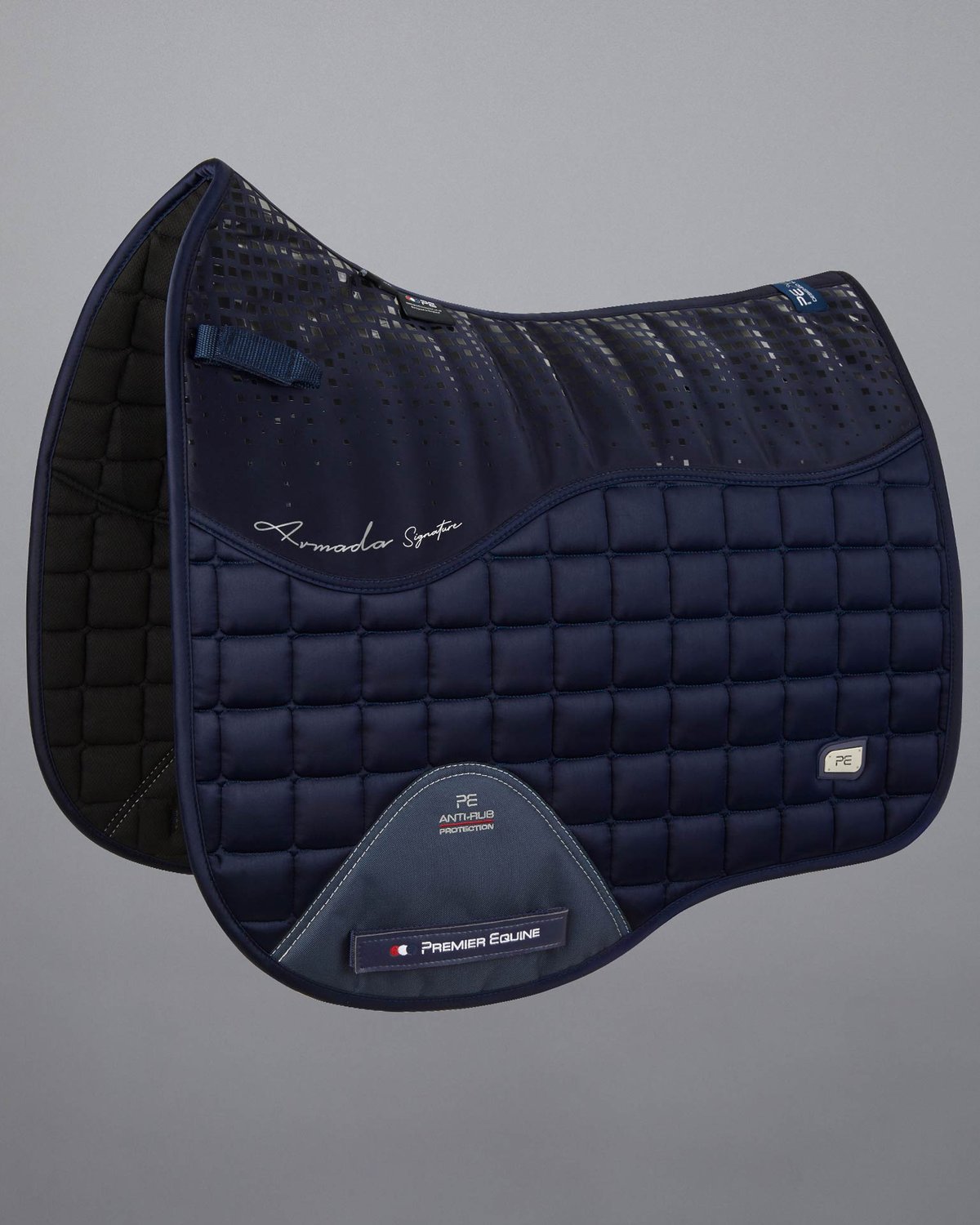 Premier Equine Armada Navy Dressage Saddle Pad: Close Contact, Anti-Slip, Breathable, Quilted Satin, High Wither - Equestrian Tack