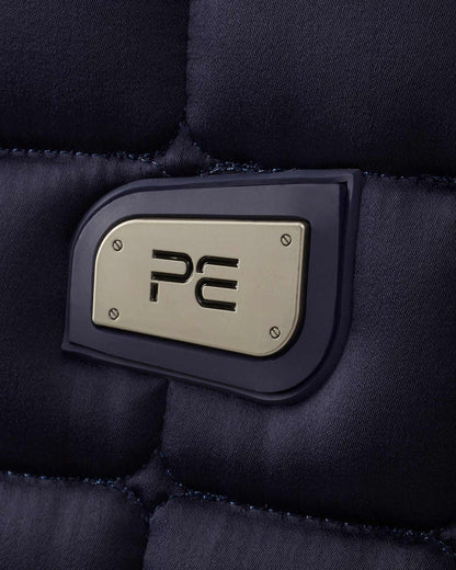 Premier Equine Armada Navy Dressage Square Saddle Pad: Quilted Satin, Tech Grip, Anti-Slip Gel. Luxe Equestrian Style.