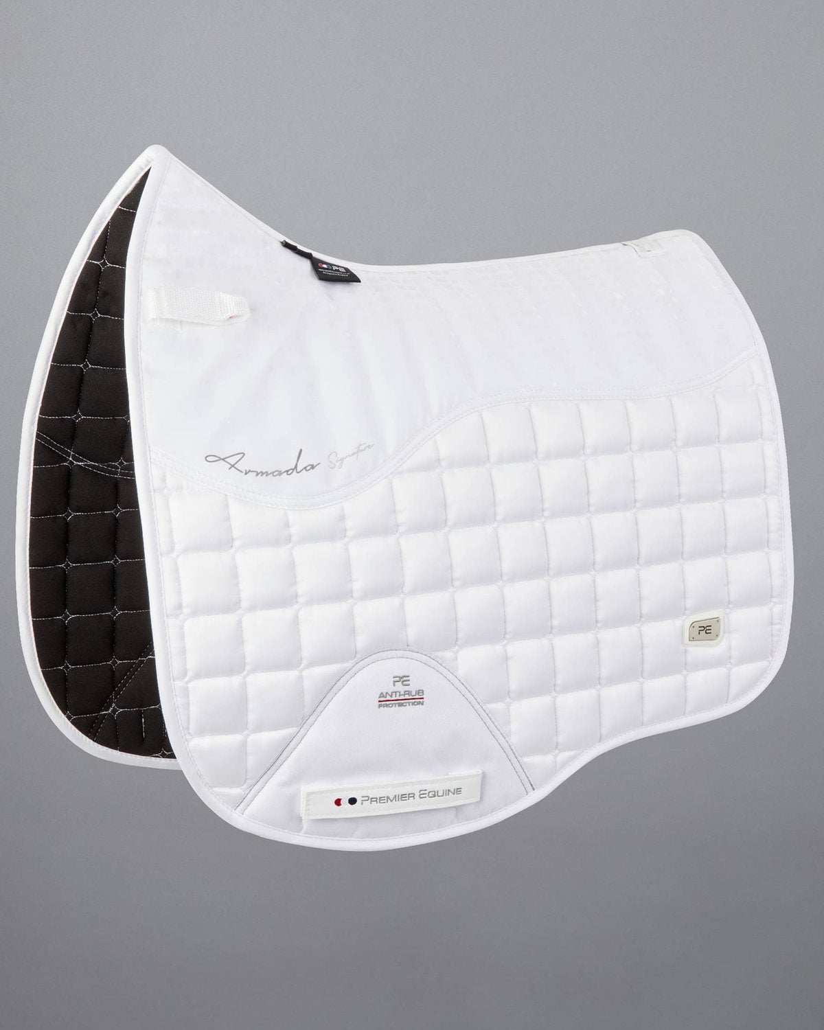 PREMIER EQUINE ARMADA Dressage Square Saddle Pad - White, quilted design, anti-slip gel, tech grip. Horse riding equipment.