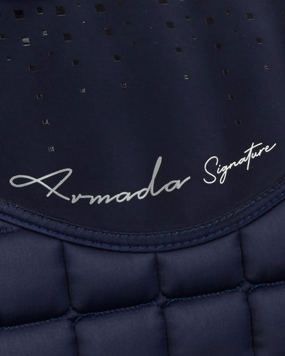 PREMIER EQUINE ARMADA Navy Close Contact GP/Jump Saddle Pad. Quilted design with 'Armada Signature' detail. Luxe equestrian equipment.