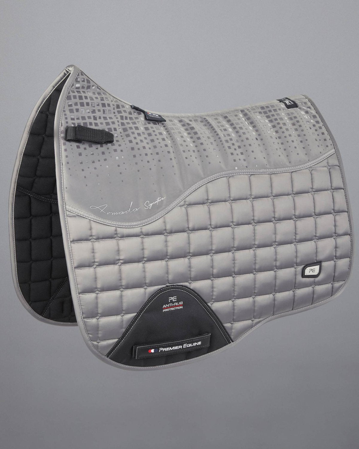 Premier Equine Armada Grey Dressage Saddle Pad. Luxe close contact square with anti-slip technology. Equiflair store.