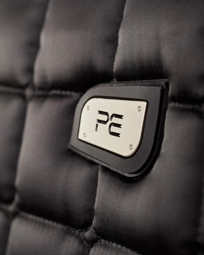 Premier Equine Atlantis CC Satin Black Dressage Saddle Pad with Wool Lining and PE Logo. Quilted Satin Design.