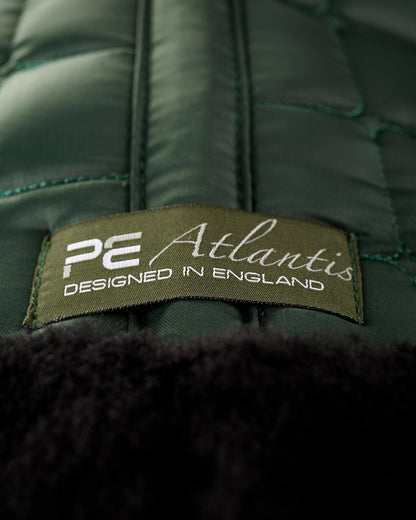 Premier Equine Atlantis Dressage Saddle Pad - Olive Satin & Black Wool. Designed in England. Equestrian comfort.