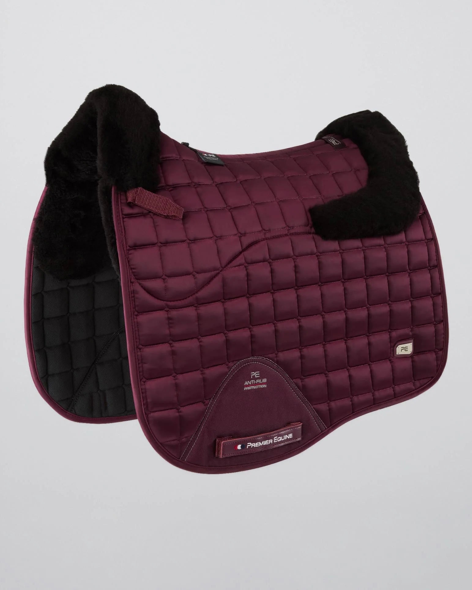 Premier Equine Atlantis Wine Satin Dressage Saddle Pad with Black Merino Wool. Equiflair high wither square quilted equestrian equipment.