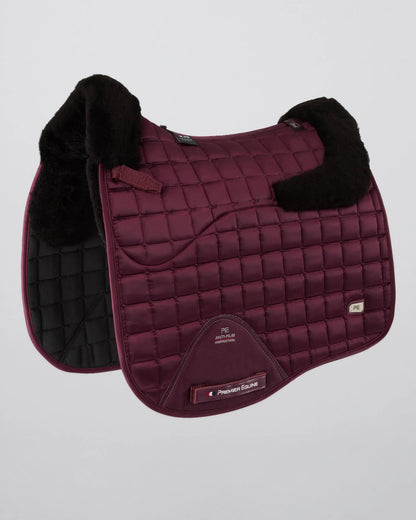 Premier Equine Atlantis Wine Satin Dressage Saddle Pad with Black Merino Wool. Equiflair high wither square quilted equestrian equipment.