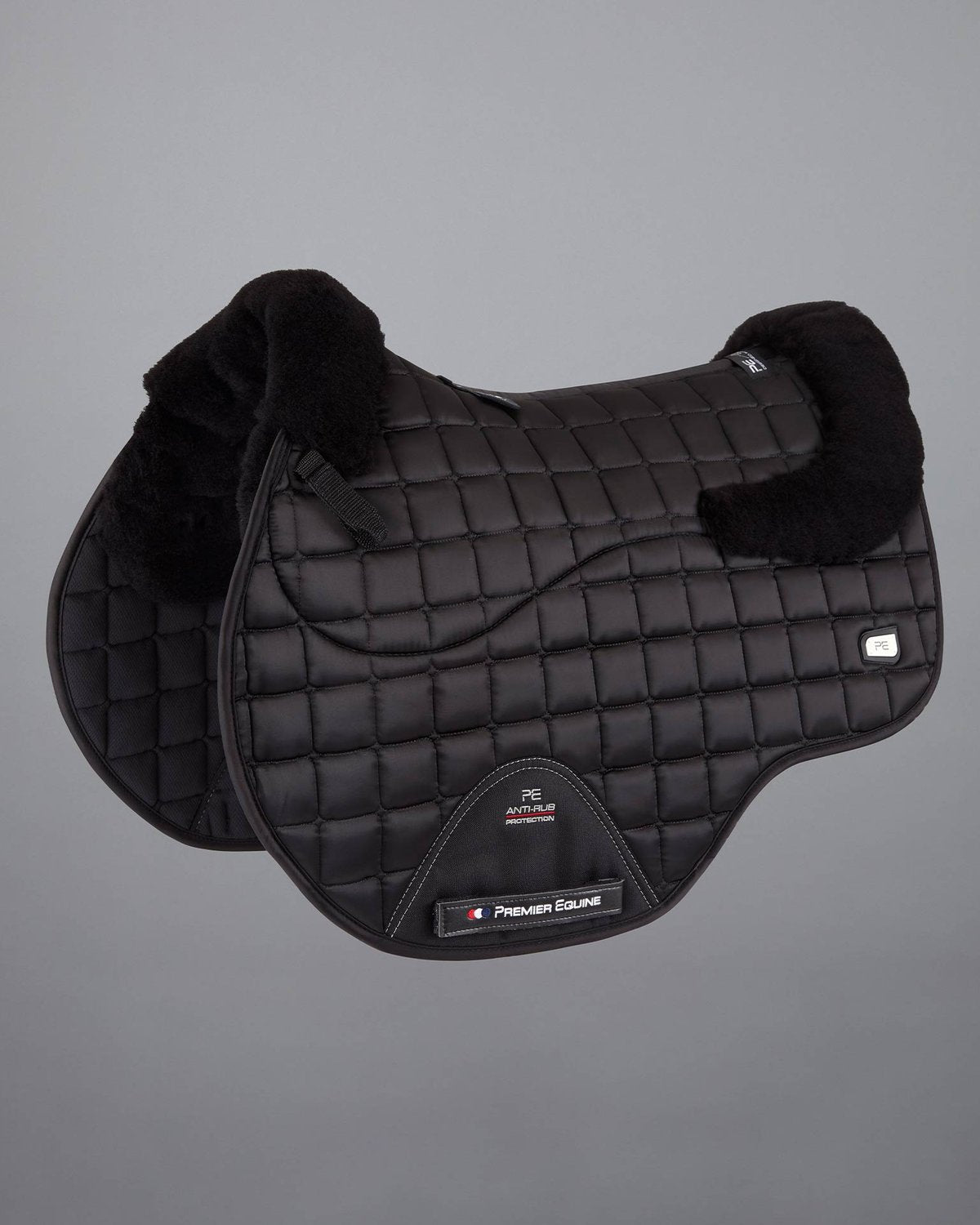 Premier Equine Atlantis Black Wool Saddle Pad - GP/Jump Square quilted satin finish. Anti-rub protection, luxurious & comfortable.