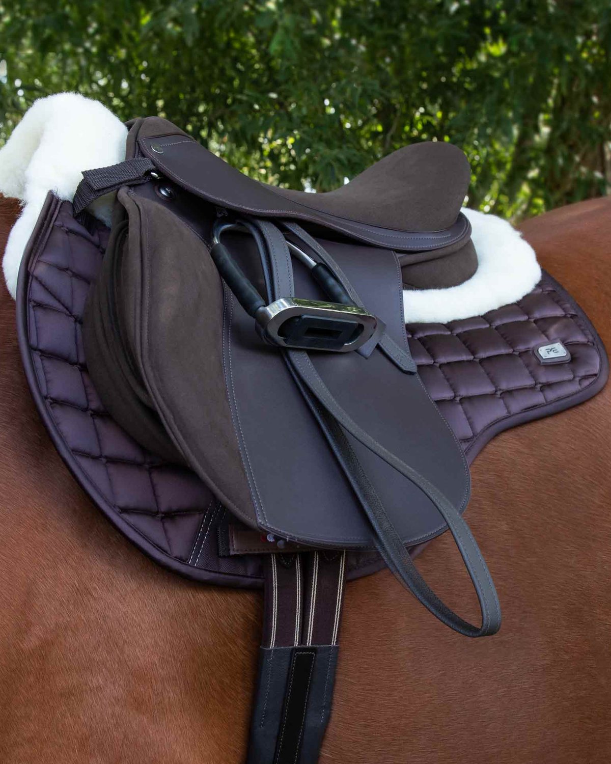 PREMIER EQUINE Atlantis Brown Saddle Pad. GP/Jump Close Contact, Quilted Satin & Merino Wool. Luxury Horse Tack.