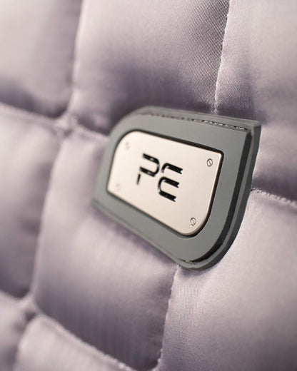Premier Equine Atlantis GP/Jump Saddle Pad: Grey Satin with Black Wool - Quilted Comfort and High Performance Design.