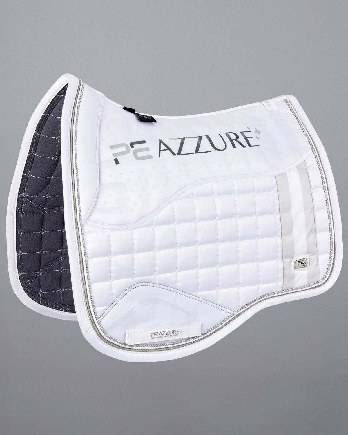 Premier Equine Azzure Anti-Slip Satin Dressage Saddle Pad - White. High Wither Design, Tech Grip, Quilted, Anti-Rub, PE Branded Brooch.