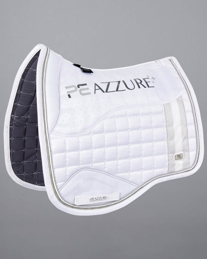 Premier Equine Azzure Anti-Slip Satin Dressage Saddle Pad - White. High Wither Design, Tech Grip, Quilted, Anti-Rub, PE Branded Brooch.