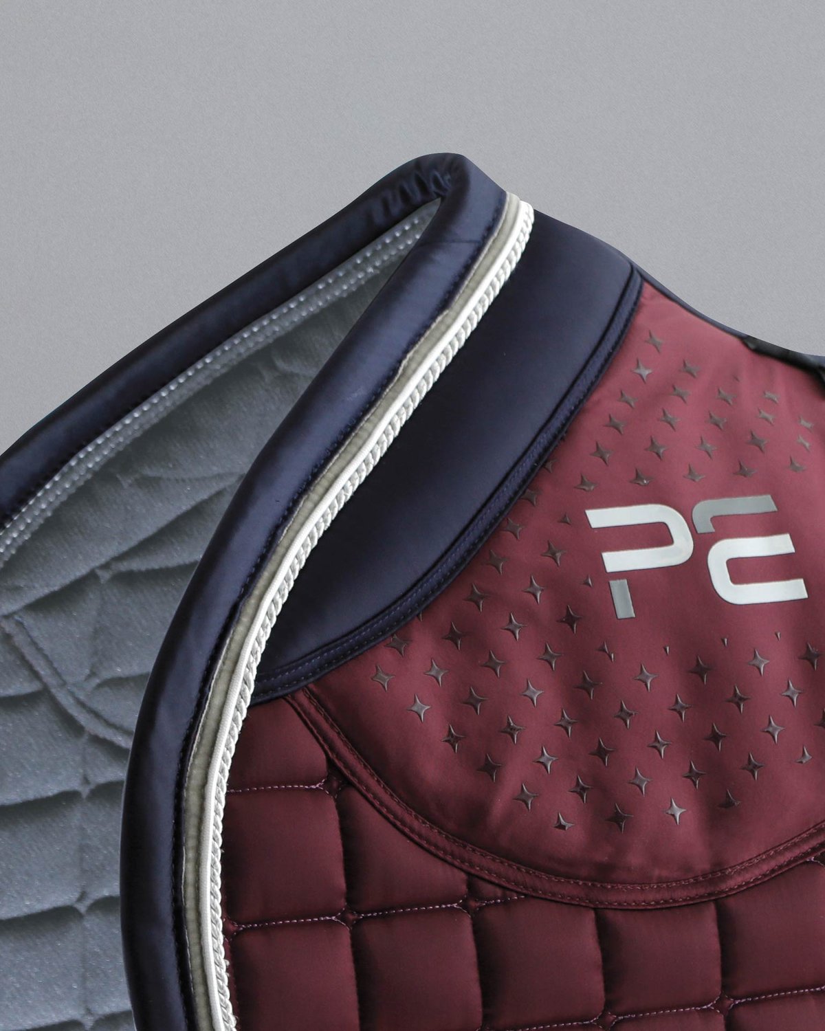 Premier Equine Azzure Anti-Slip Wine Saddle Pad: Equestrian GP/Jump Square with Luxurious Satin Finish & Tech Grip.
