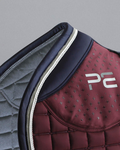 Premier Equine Azzure Anti-Slip Wine Saddle Pad: Equestrian GP/Jump Square with Luxurious Satin Finish & Tech Grip.