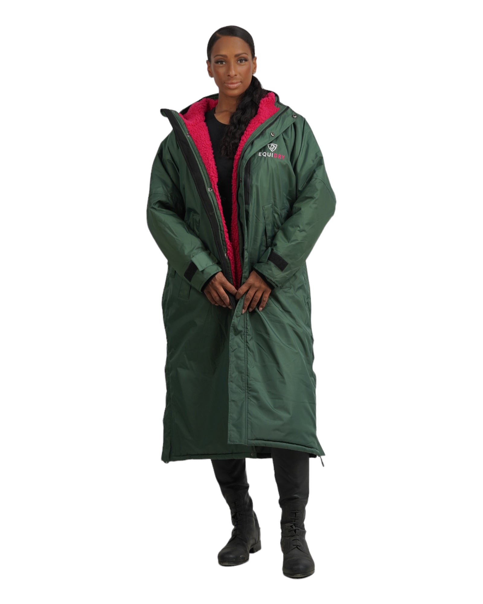 EQUIDRY Women's Waterproof Riding Coat: Forest Green & Pink. Long, Durable Horse Riding Apparel.