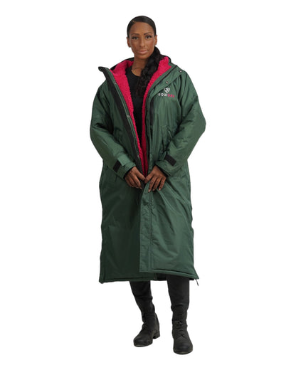 EQUIDRY Women's Waterproof Riding Coat: Forest Green & Pink. Long, Durable Horse Riding Apparel.