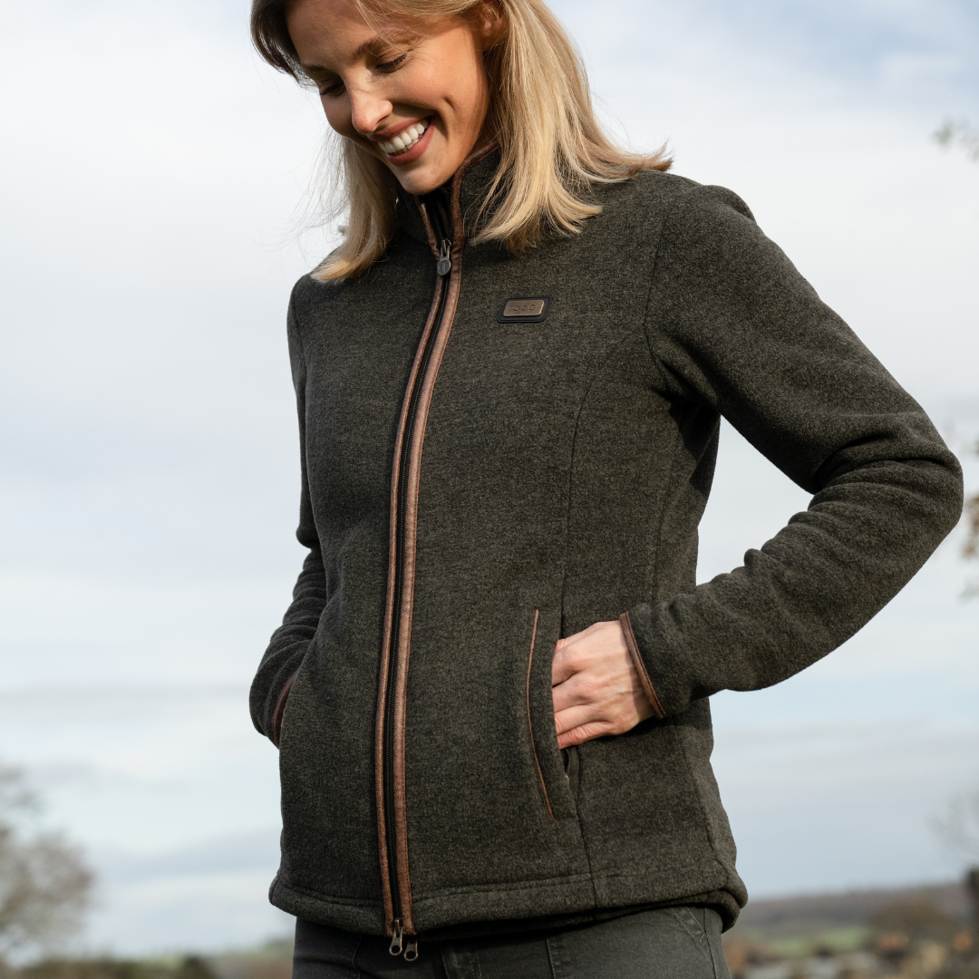 TOGGI Britannia dark melange fleece jacket with faux leather binding and zip pockets.