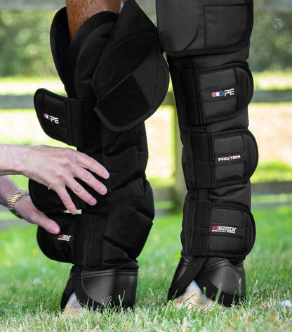 Premier Equine Ballistic Knee Pro-Tech Black Horse Travel Boots. Protective legwear for horses during transport.