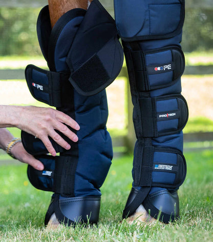 Premier Equine Ballistic Pro-Tech Navy Horse Travel Boots for Knee Protection being Fitted