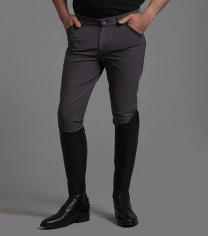 Premier Equine Barusso Men's Anthracite Breeches with Gel Knee Patches. Stylish and comfortable riding apparel.