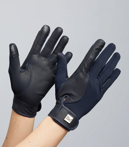 Premier Equine Navy Leather Mesh Riding Gloves: Breathable, Touch Screen Compatible Equestrian Gloves