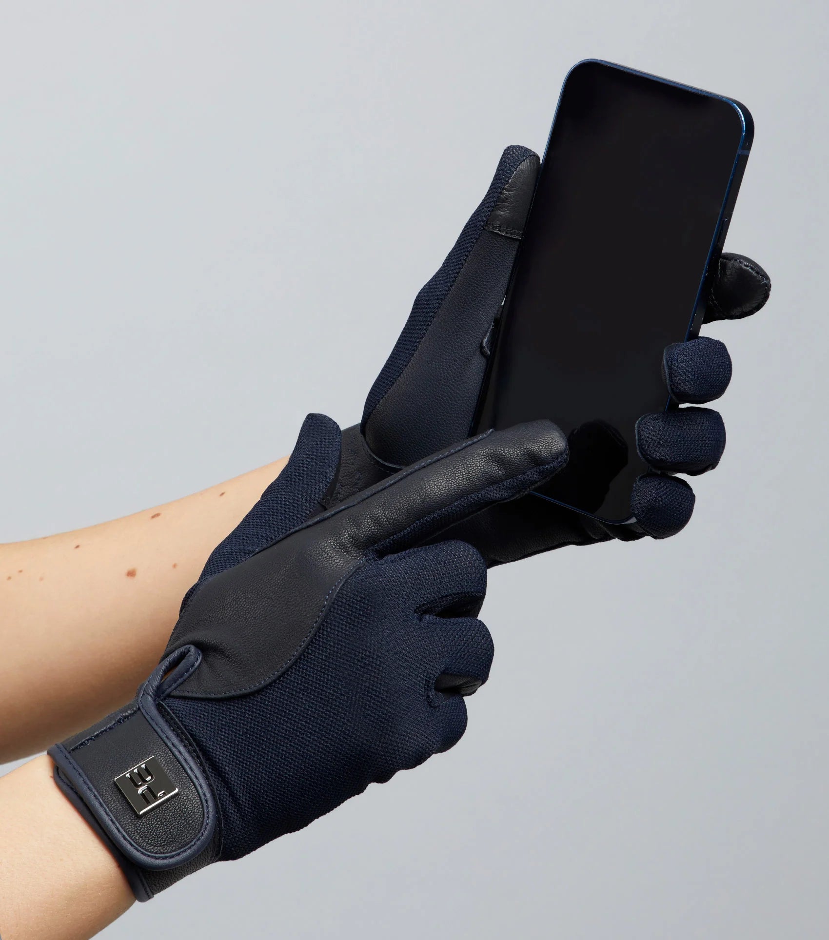 Premier Equine Navy Riding Gloves: Leather Mesh Equestrian Gloves with Touchscreen Compatibility for Horse Riding