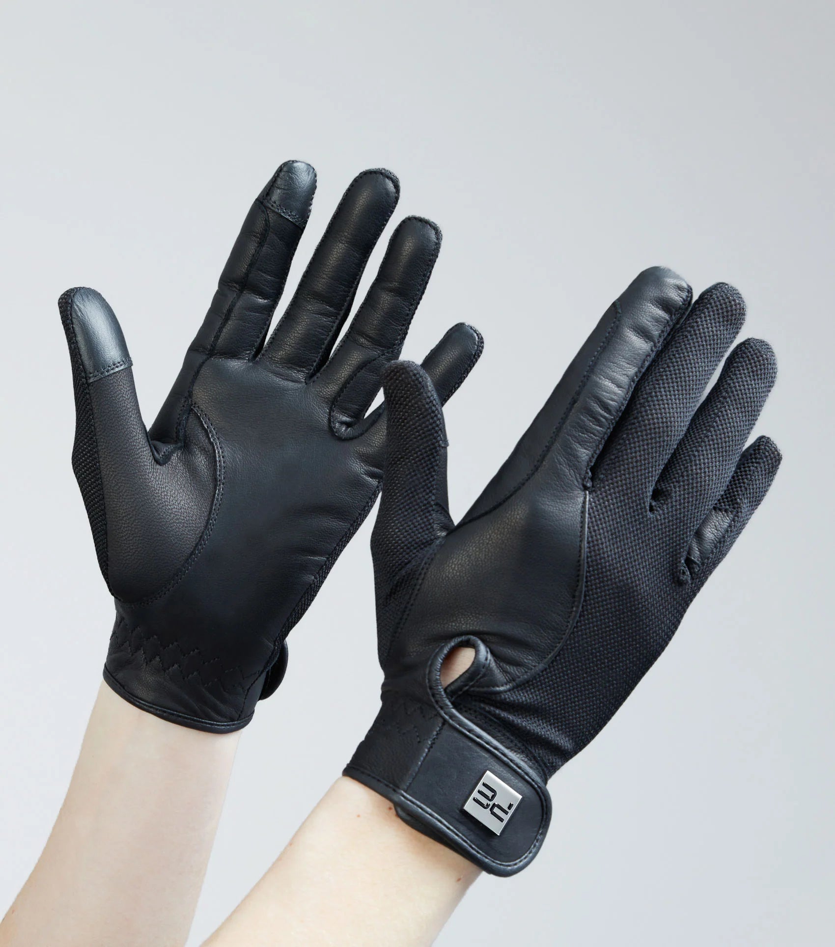 Premier Equine Leather Riding Gloves: Black Mesh, Touch Screen Compatible Gloves