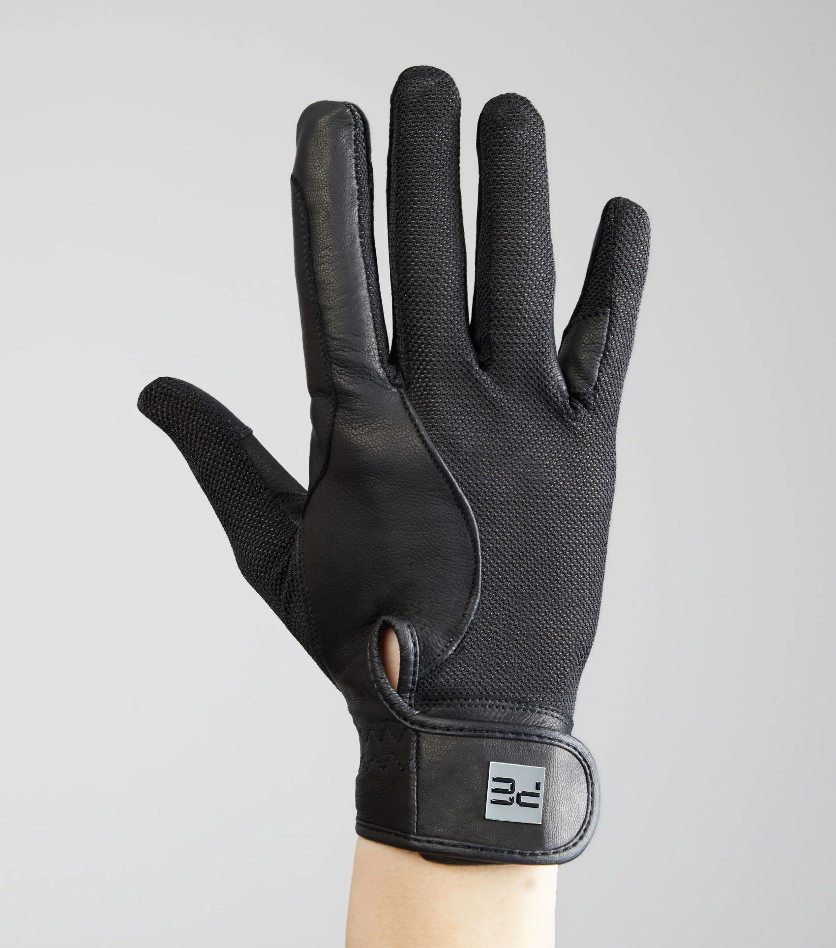 Premier Equine Bordoni Black Leather Mesh Riding Gloves: Touchscreen compatible, breathable, optimal grip for equestrian sports.