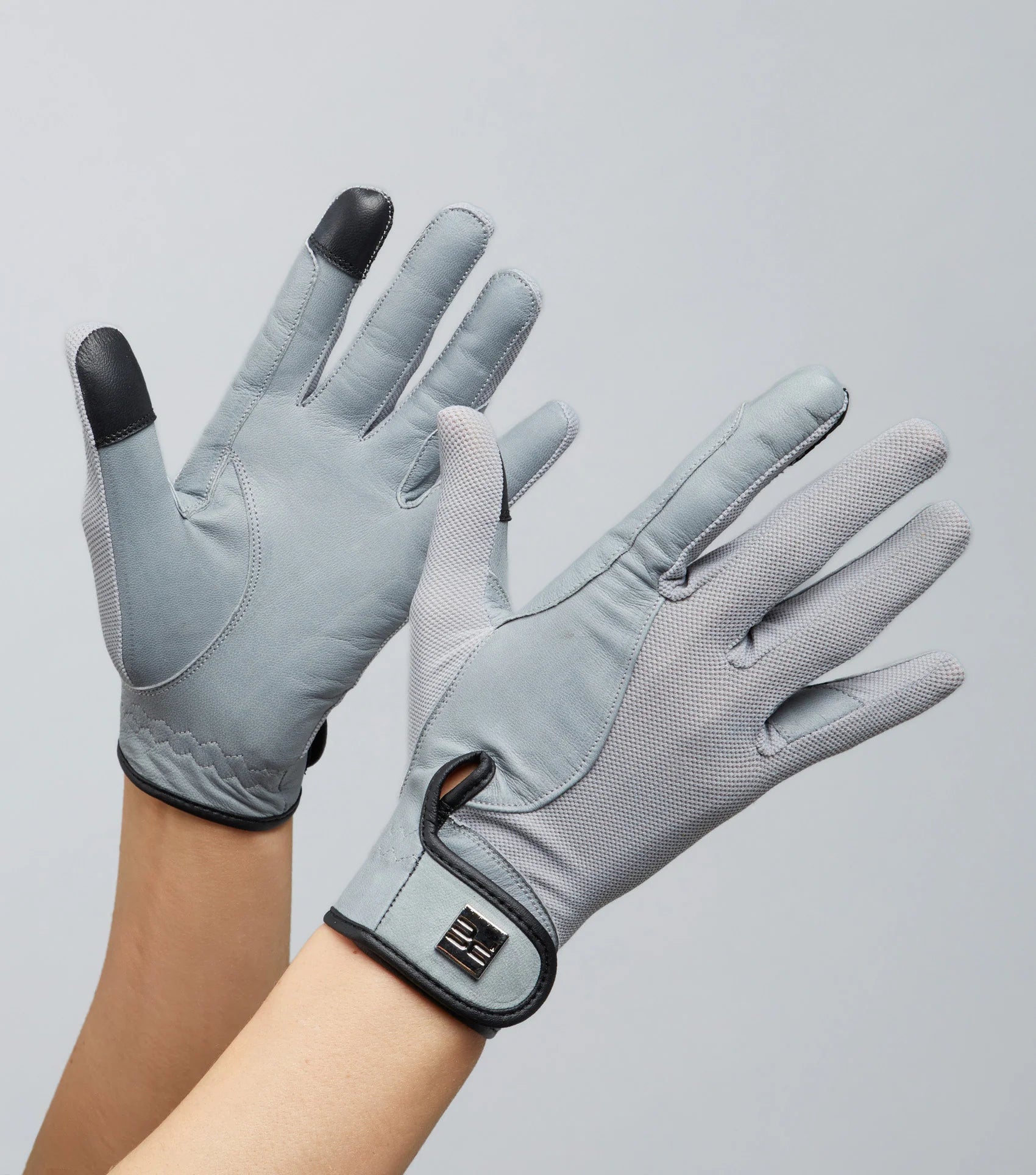 PREMIER EQUINE Grey Leather Mesh Riding Gloves: Breathable, Touchscreen Compatible. Equiflair.