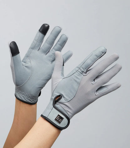 PREMIER EQUINE Grey Leather Mesh Riding Gloves: Breathable, Touchscreen Compatible. Equiflair.
