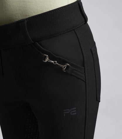 Premier Equine Brava Girls Black Riding Breeches with Full Seat Gel & Snaffle Bit Detail. Equestrian Apparel.